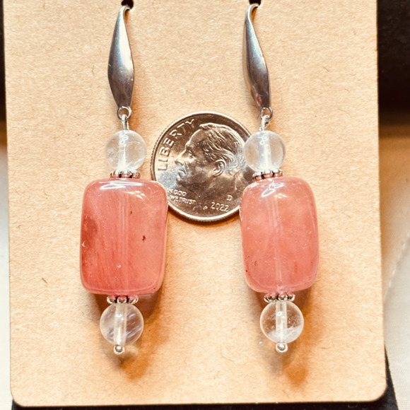 Stainless Steel Wide Hook Earrings Cherry Quartz & Clear Quartz Handmade - Picture 9 of 15